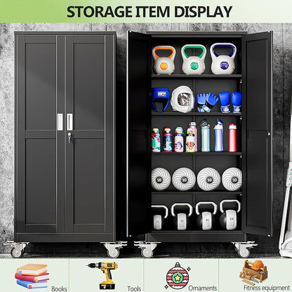 Metal Garage Storage Cabinets and storage system, 71”Tall Rolling utility cabinet with Wheels, Lock, 4 Adjustable Shelves, Heavy Duty Steel Tool Locker for Home Office, Utility Room, Gym,Black