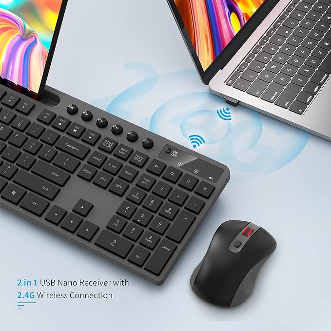 Wireless Keyboard and Mouse Combo, MARVO 2.4G Ergonomic Wireless Computer Keyboard with Phone Tablet Holder, Silent Mouse with 6 Button, Compatible with MacBook, Windows (Grey)