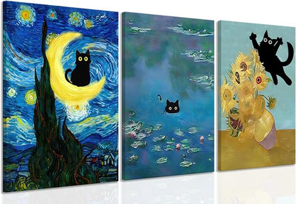 Funny Black Cat Wall Art Monet Cat in Water Lilies Canvas Wall Decor Van Gogh Starry Night Sunflower Aesthetic Pictures Paintings Prints for Bedroom Living Room Bathroom 16x24 in Framed