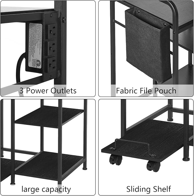Sedegn Large Printer Stand with 3 AC Outlets for Home Office Devices | Heavy-Duty Printer Table for Laser Printer, Side Paper Storage Bag, 3-Tier Organizer for Shredder, PC Tower & Supplies, Black