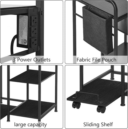 Sedegn Large Printer Stand with 3 AC Outlets for Home Office Devices | Heavy-Duty Printer Table for Laser Printer, Side Paper Storage Bag, 3-Tier Organizer for Shredder, PC Tower & Supplies, Black
