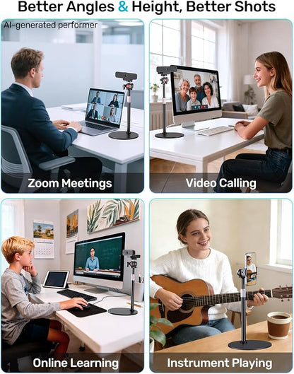Webcam Stand for Desk, with 360 Ballhead, Heavy Base Height Adjustable Tripod for Logitech Webcam C922 C930e C920 C615 C960 C920x BRIO 4K NexiGo N60, Phone Mount, Gopro with 1/4" Thread