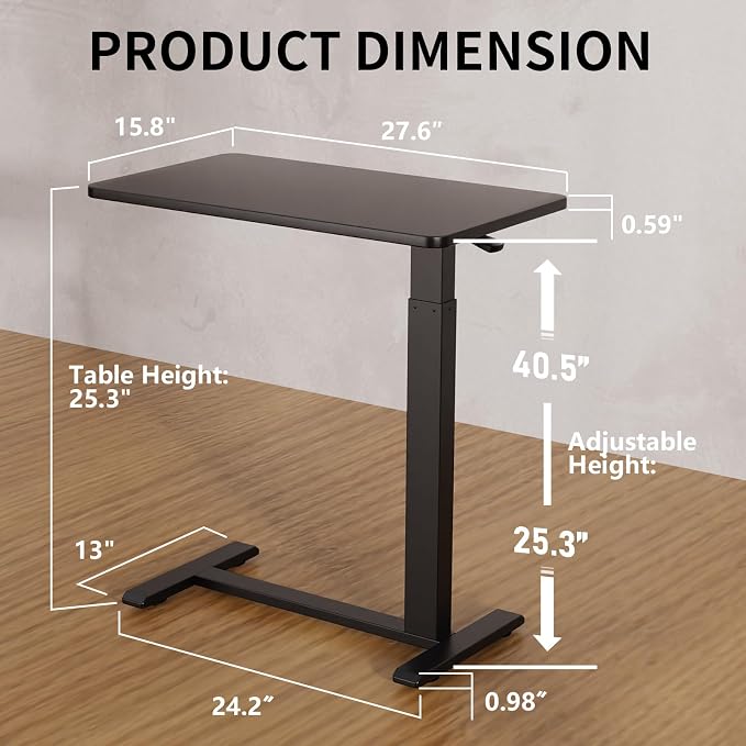 Ywin Medical Hospital Overbed Table with Wheels, Pneumatic Lift, Black | Rolling Bedside Table, Adjustable Height 27–43Inch, Mobile Portable Laptop Desk Perfect for Home Use, Patient Care, Office