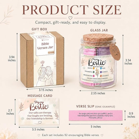 Bestie Bible Verses Jar – Birthday Gifts for Friends, Graduation Gifts for Bestie, Color Coded Bible Verses, Faith Based Friendship Gift for Women