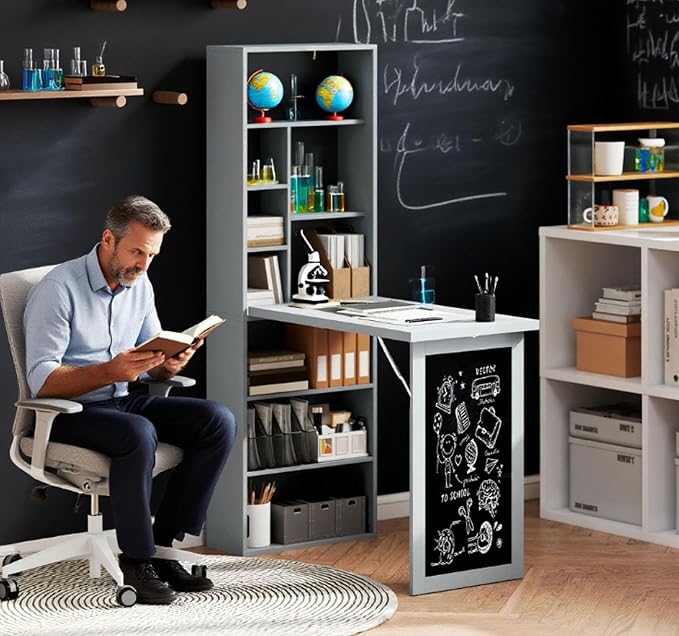 Foldable Wall Mounted Desk with Storage Shelves & Blackboard, Fold-Out Convertible Writing Table for Small Spaces | Space-Saving Floating Computer Desk for Home Office (Grey)