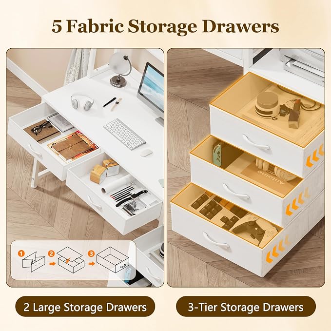 YOMILUVE Reversible Computer Desk with Hutch, Home Office Desk with 5 Drawers and Bookshelf, 52'' Study Writing Desk with Storage Shelves for Bedroom Home Office, White