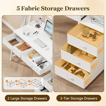 YOMILUVE Reversible Computer Desk with Hutch, Home Office Desk with 5 Drawers and Bookshelf, 52'' Study Writing Desk with Storage Shelves for Bedroom Home Office, White