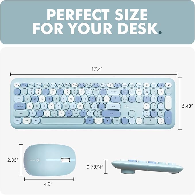 X9 Cute Wireless Keyboard and Mouse Combo - Retro Typewriter Keyboard and Mouse with Round Bubble Keys, 110 Keys and 18 Shortcuts Keyboard - Colorful Blue Keyboard Mouse Combo for PC Computer, Laptop