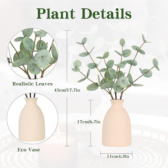 17" Artificial Eucalyptus Stems Potted Plant,Realistic Indoor Greenery Fake Eucalyptus Plants with Vase,Small Minimalist Faux Bathroom Desk Plants in Vase for Home Office Shelf Decor