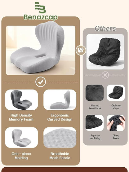 Benazcap Memory Foam Seat Cushion with Lumbar Support Pillow for Office Chair, Car & Gaming Seat, Wheelchair, Ergonomic Design for Sciatica & Tailbone Pressure Relief, Gray
