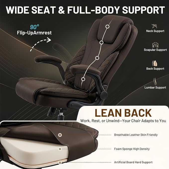 Ergonomic Office Chair, PU Leather High Back Executive Chair with Adjustable Inflatable Lumbar Support and Padded Flip-Up Arms, Recline Swivel Task Computer Chair for Home Office, Dark Brown