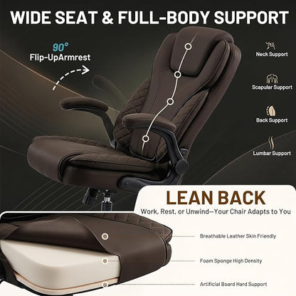 Ergonomic Office Chair, PU Leather High Back Executive Chair with Adjustable Inflatable Lumbar Support and Padded Flip-Up Arms, Recline Swivel Task Computer Chair for Home Office, Dark Brown