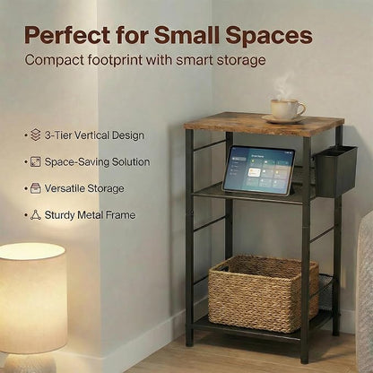 ECOLOVI 3 Tier Printer Stand for Under Desk, Height Adjustable Shelf Small Printer Table with 3 S-Hooks & Basket, Heavy Duty Industrial Storage Shelf for Home Office (Rustic Brown)