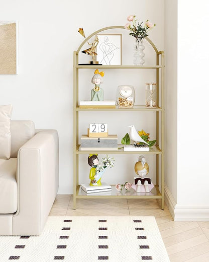 Hzuaneri Bookcase Bookshelf, Tempered Glass Bookshelves, Slim Shelving Unit for Bedroom, Bathroom, Home Office, Steel Frame, 4 Tier Gold BC21499G