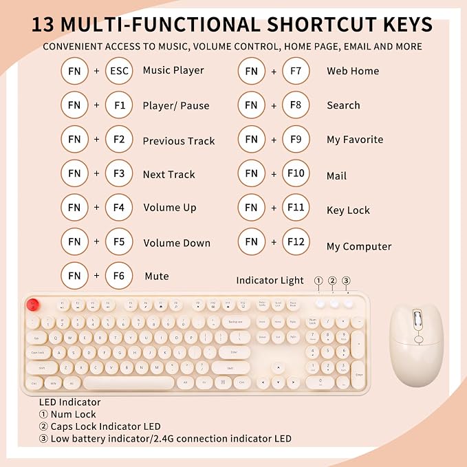Wireless Keyboard and Mouse, MOFII 104 Round Keycaps Retro Typewriter with OTG & Brush, Full-Size Ergonomic, Ideal for Windows PC, Home, Office and College Brown