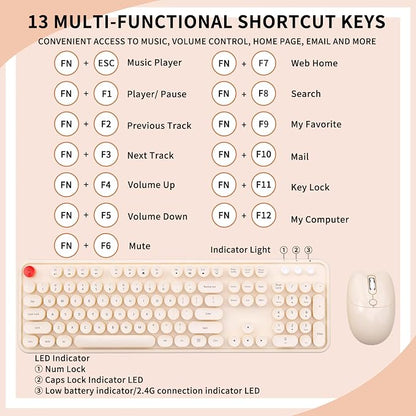 Wireless Keyboard and Mouse, MOFII 104 Round Keycaps Retro Typewriter with OTG & Brush, Full-Size Ergonomic, Ideal for Windows PC, Home, Office and College Brown