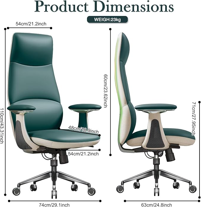 Ergonomic Genuine Leather Office Chair, Executive Chair with Tilt Adjustable High Back and Lumbar Support, 400lbs Weight Capacity Metal Base with 360° Flexible Wheels, Green