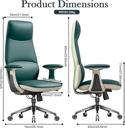 Ergonomic Genuine Leather Office Chair, Executive Chair with Tilt Adjustable High Back and Lumbar Support, 400lbs Weight Capacity Metal Base with 360° Flexible Wheels, Green