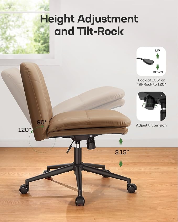 Marsail Armless-Office Desk Chair with Wheels: PU Leather Cross Legged Wide Chair,Comfortable Adjustable Swivel Computer Task Chairs for Home,Office,Make Up,Small Space,Bed Room, Brown