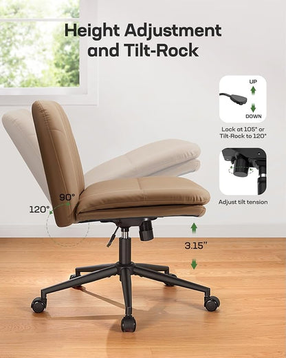 Marsail Armless-Office Desk Chair with Wheels: PU Leather Cross Legged Wide Chair,Comfortable Adjustable Swivel Computer Task Chairs for Home,Office,Make Up,Small Space,Bed Room, Brown