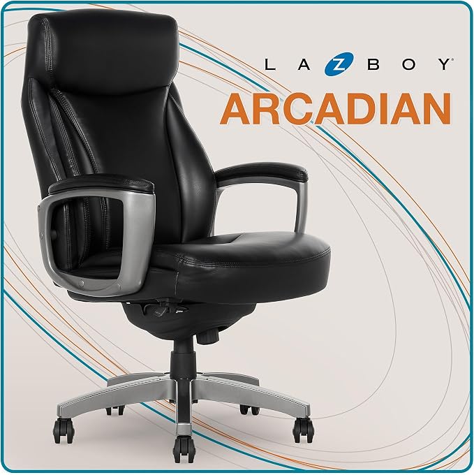La-Z-Boy Arcadian Ergonomic Executive Chair, Bonded Leather, Black, 29.5D x 28W x 43.25-46.25H inches, 275 lbs Weight Capacity