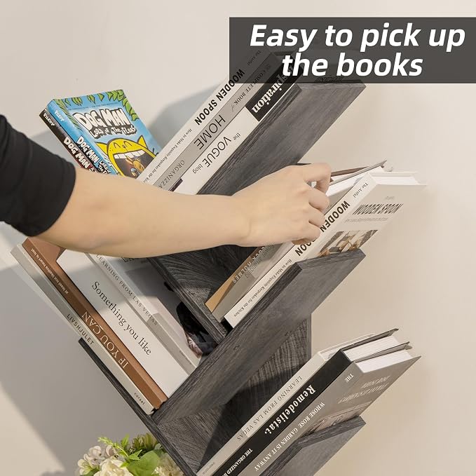 SHEEPAM 5 Tier Tree Book Shelf, Small Desktop Bookshelf with Storage Organizer, Wood Bookcase, Desk Display Bookshelves, Floor Standing Organizer Bookcases for Living Room,Bedroom,Office - Light Grey