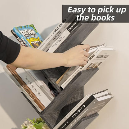 SHEEPAM 5 Tier Tree Book Shelf, Small Desktop Bookshelf with Storage Organizer, Wood Bookcase, Desk Display Bookshelves, Floor Standing Organizer Bookcases for Living Room,Bedroom,Office - Light Grey