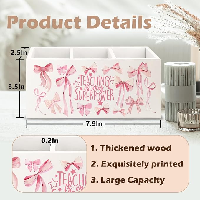 Teacher Appreciation Gifts Wooden Pen Pencil Holder for Office Desk, Back to School Gifts for Teacher, Coquette Pink Preppy Teaching is My Superpower Makeup Brush Toothbrush Holder Organizer