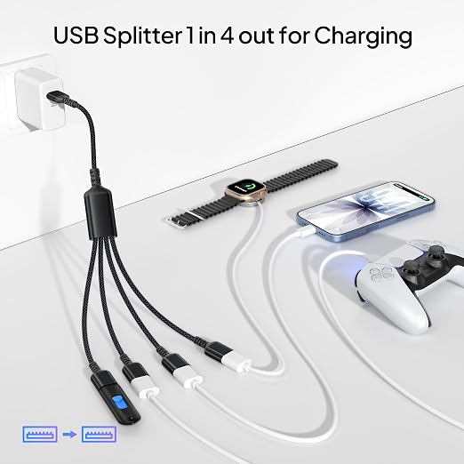 Elebase USB Splitter 1 in 4 Out 3.3FT,USBA Charger Sp-Litter,Multi Port USB Y Cable,USBA Extension Splitter Cord,Multiport Data Charging Split Adapter for PC,TV,MacBook,Laptop,2/3 Out