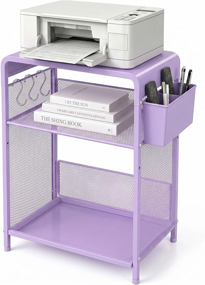 ECOLOVI 3 Tier Printer Stand for Under Desk, Height Adjustable Shelf Small Printer Table with 3 S-Hooks & Basket, Heavy Duty Industrial Storage Shelf for Home Office (Purple Metal)