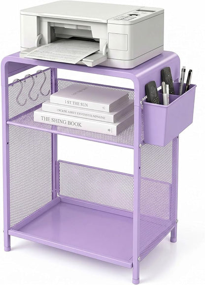 ECOLOVI 3 Tier Printer Stand for Under Desk, Height Adjustable Shelf Small Printer Table with 3 S-Hooks & Basket, Heavy Duty Industrial Storage Shelf for Home Office (Purple Metal)