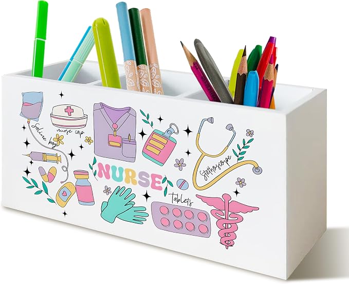 Nurse Gifts Pen Pencil Holder Organizer for Desk, Nurse Appreciation Gifts, Gift for Nurses Nursing Students Wooden Box Block Sign for Home Office Tabletop Decor
