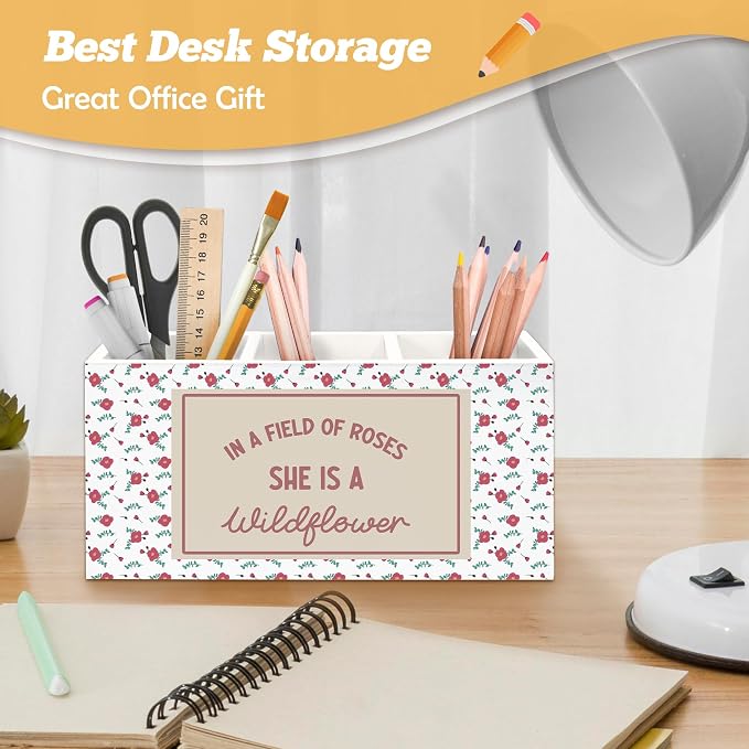 Boho Floral Inspirational Pen Holder Organizer for Desk Accessories, Motivational Gifts for Women, in a Field of Roses She Is a Wildflower Wooden Box Sign Desk Decorations for Girls Room Decor