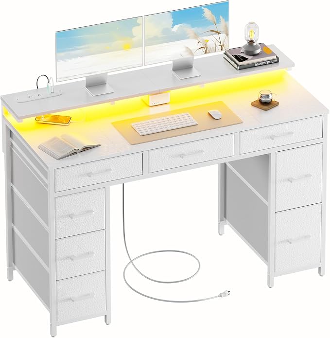HLDIRECT 47 inch Computer Desk with 8 Storage Drawers, Gaming Desk with LED Lights & USB Power Outlets, Home Office Table with Monitor Stand, Study Writing Work Table for Bedroom, White