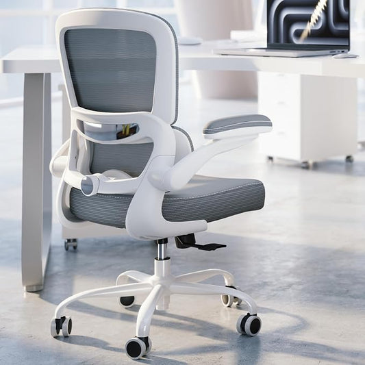 TRALT Ergonomic Office Chair - Desk Chair with Adjustable Lumbar Support Computer Chair - Mesh Comfy Chair with Flip-up Armrests - Gaming Chairs for Adults Home Office (Leather, Grey)