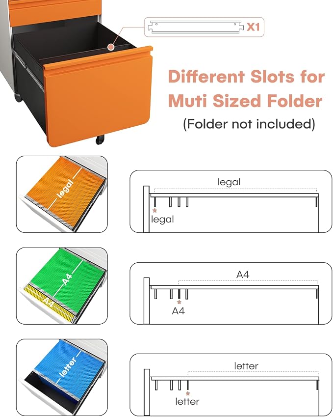 Dripex 3 Drawer File Cabinet, Mobile Under Desk Storage File Cabinet with Lock on Wheels, Letter/Legal Size, Fully Assembled, Vertical Metal Rolling Filing Cabinets for Home Office (Orange+White)