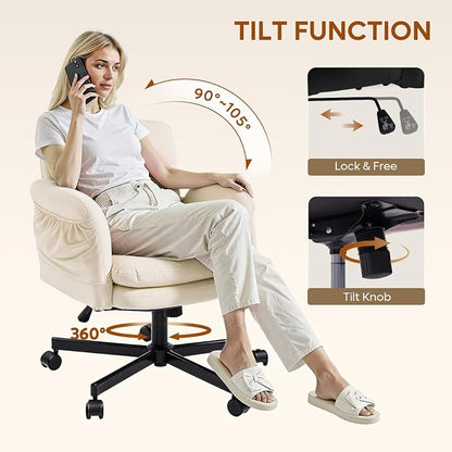 Bestier Criss Cross Chair with Flip-Up Armrests, Swivel Makeup Vanity Chair with Wheels & Side Pockets, Cross Legged Office Chair for Home Office, Bedroom, Beige Velvet