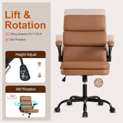 Mid Back Office Desk Chair,Leather Conference Room Chairs,Ergonomic Home Computer Chair,Modern Executive Chair with Padded Flip-up Armrest and Swivel Wheels (Brown)