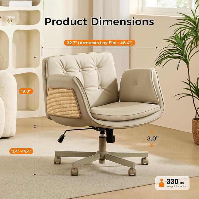 amseatec Criss Cross Chair with Natural Sisal Cat Scratch Pad, 5-Gear Adjustable Armrests, 360° Silent Casters,pet-Friendly Office, Gaming, Leisure, and Make up Vantiy Desk Chair(Cream)