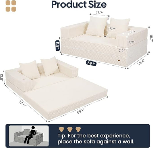 COMAX Futon Sofa Bed, 4‑in‑1 Convertible Sofa Bed, Folding Boneless Couches | Boneless Couch for living room, Fold Out Small Foldable Loveseat Floor Sleeper Mattress Lounge Space‑Saving, Beige