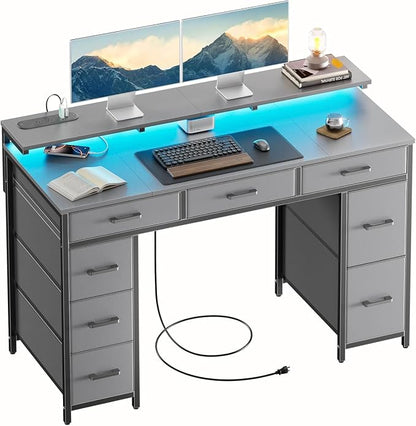 HLDIRECT 47 inch Computer Desk with 8 Storage Drawers, Gaming Desk with LED Lights & USB Power Outlets, Home Office Table with Monitor Stand, Study Writing Work Table for Bedroom, Grey