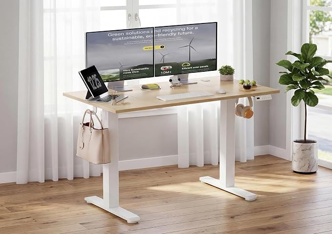 YDN Electric Standing Desk Adjustable Height, 48 x 24 Inches Sit Stand up Desk with Memory Presets & Cable Management, Home Office Desk for Office & Computer Workstation, White Frame/Nature Top