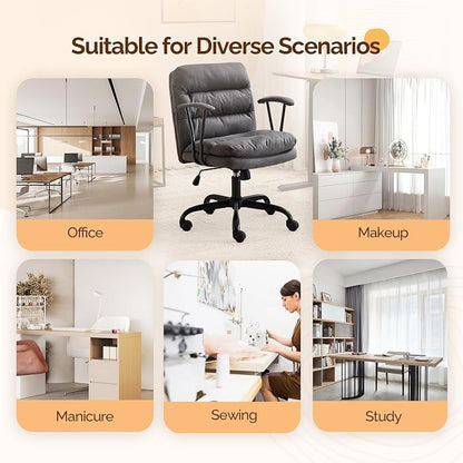 VINGLI Padded Grey Desk Chair with/No Wheels,Dual-Base,Removable Armrests,Adjustable Comfy Rolling Swivel Computer Task Nail Tech Chair for Home Office,Sewing,Makeup Vanity,Teen,Linen Fabric