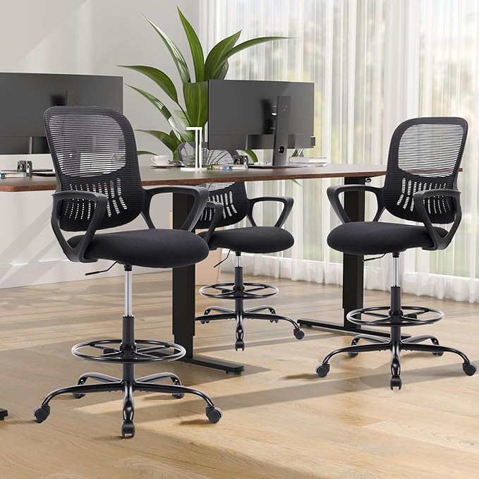 DUMOS Drafting Chair - Counter Height Adjustable Tall Office Desk Chair with Fixed Armrests and Comfortable Lumbar Support for Standing Desk, for Bedroom Livingroom, Black