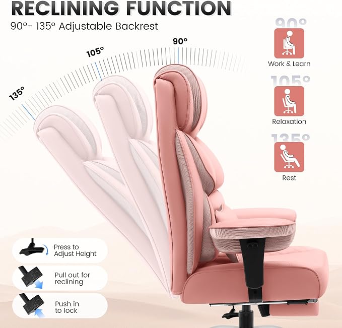 BestGlory Office Desk Chair, Big and Tall Leather Gaming Chair with Footrest, Ergonomic Comfy Executive High-Back Reclining Computer Chairs, Wide Swivel Rolling Wheels and Padded Lumbar Support, Pink