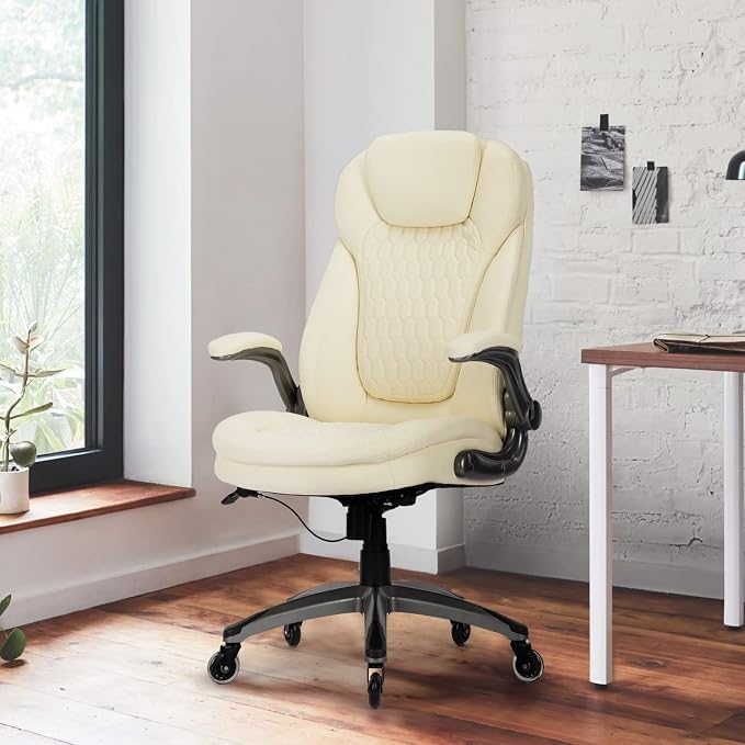 COLAMY Ergonomic High Back Office Chair, Ivory Bonded Leather Executive Desk Chair with Flip-up Arms, Thick Cushion, Silent Nylon Wheels, Adjustable Height & Rocking Function, 300lbs Capacity