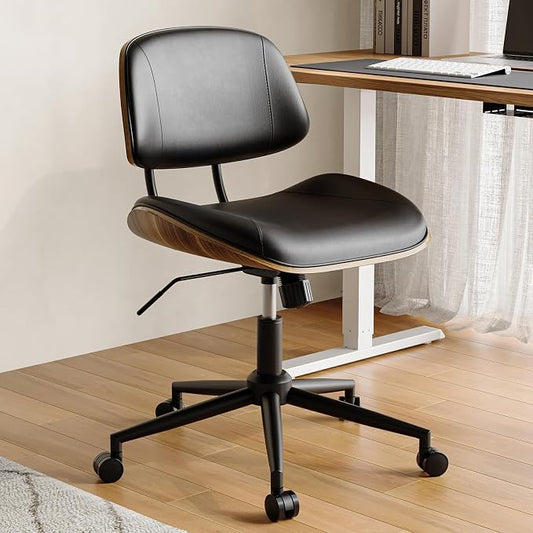 Armless Office Chair with Wheels, PU Leather Adjustable Height Desk Chair - 360° Swivel Ergonomic Computer Chair for Small Space, Modern Walnut Style, Home & Meeting Room, Black