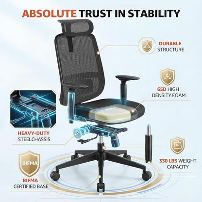 ErgoSift Ergonomic Mesh Office Chair Computer Desk Chair, Headrest, Black | 3D Armrests, Lumbar Support, Seat Slide, 330 lbs Capacity, Home Office and Gaming