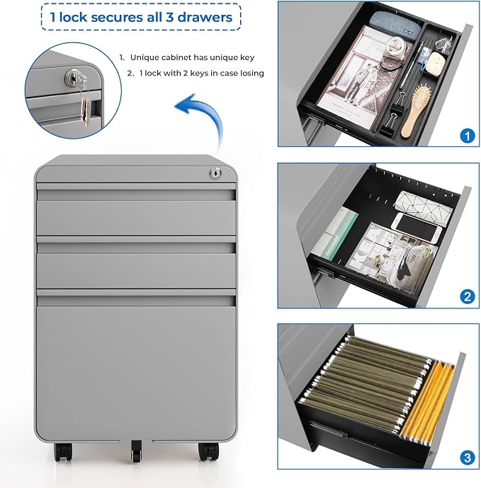 Dripex 3 Drawer Grey File Cabinet, Mobile Under Desk Storage File Cabinet with Lock on Wheels, Letter/Legal Size,Fully Assembled, Small Short Vertical Metal Rolling Filing Cabinets for Home Office