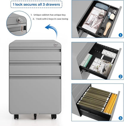 Dripex 3 Drawer Grey File Cabinet, Mobile Under Desk Storage File Cabinet with Lock on Wheels, Letter/Legal Size,Fully Assembled, Small Short Vertical Metal Rolling Filing Cabinets for Home Office